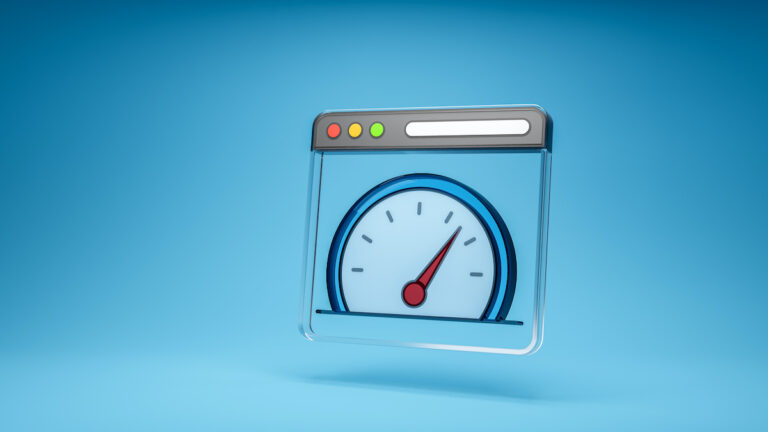 Technische SEO Symbol: Geschwindigkeitsmesser in einem Browserfenster als Darstellung von Website-Performance und technischer Optimierung.